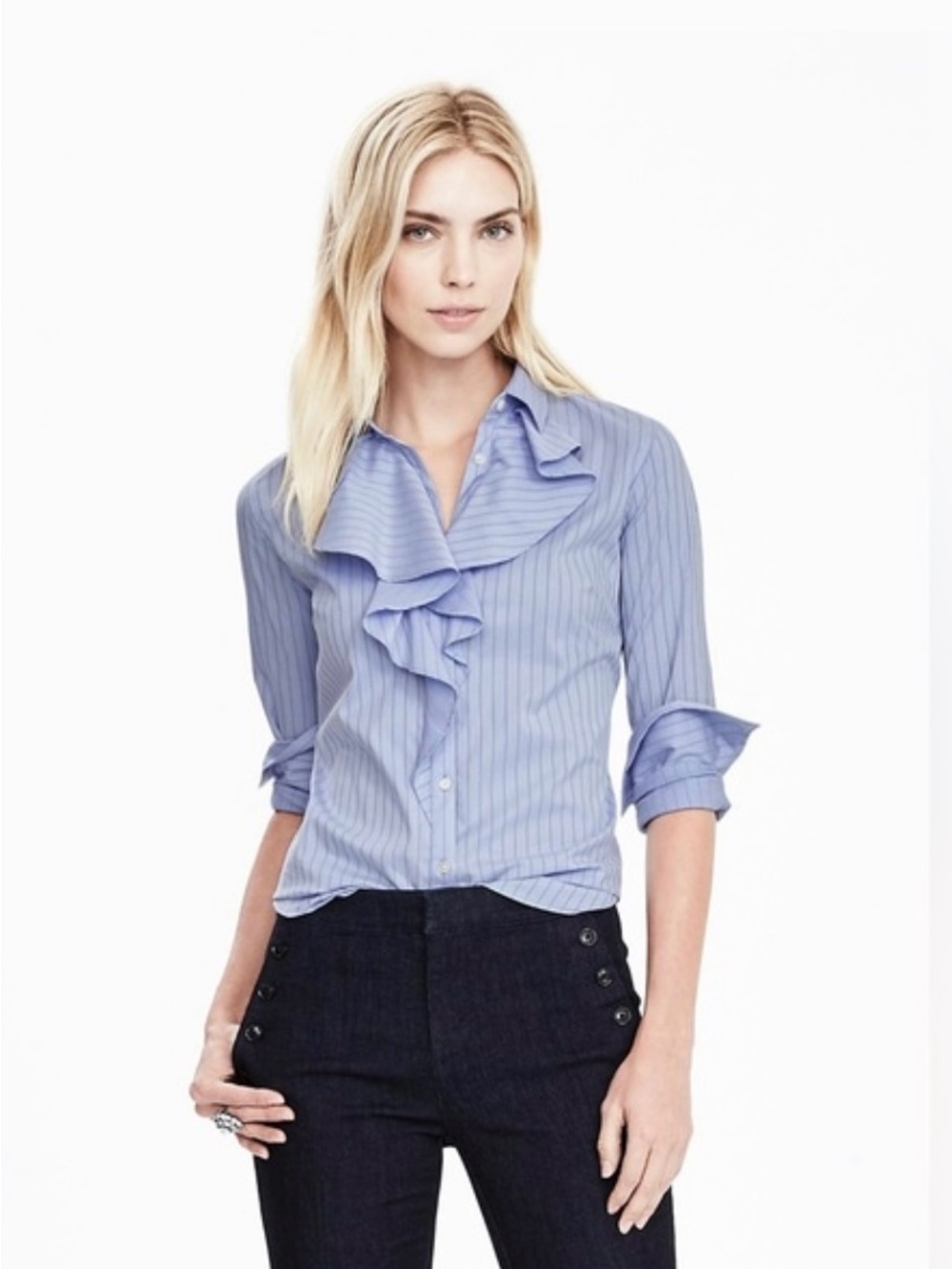 Banana Republic Riley Light Blue Pinstripe Ruffle Button-Down Blouse